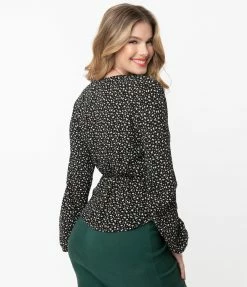 Peach Love Vintage Style Black & Taupe Spotted Print Peplum Blouse
