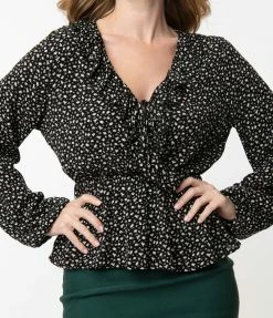 Peach Love Vintage Style Black & Taupe Spotted Print Peplum Blouse