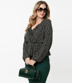 Peach Love Vintage Style Black & Taupe Spotted Print Peplum Blouse