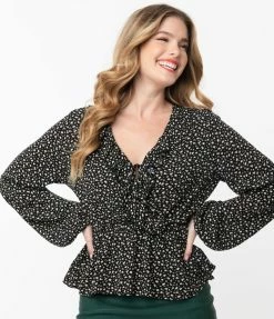 Peach Love Vintage Style Black & Taupe Spotted Print Peplum Blouse