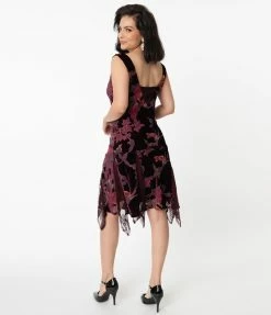 Unique Vintage 1920s Burgundy Velvet Floral Hemingway Flapper Dress