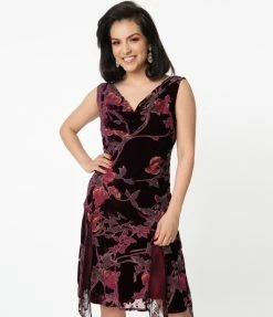 Unique Vintage 1920s Burgundy Velvet Floral Hemingway Flapper Dress