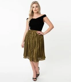 Unique Vintage Metallic Gold Accordion Gellar Swing Skirt