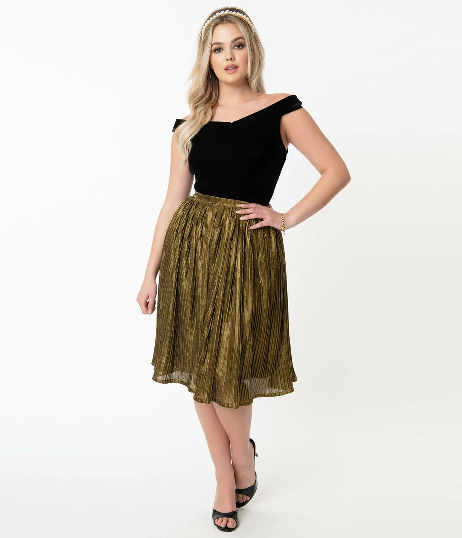 Unique Vintage Metallic Gold Accordion Gellar Swing Skirt