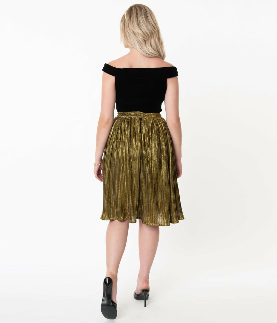 Unique Vintage Metallic Gold Accordion Gellar Swing Skirt