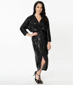 Unique Vintage Black Sequins Warhol Tulip Sheath Dress Sale