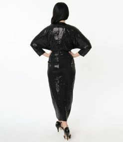 Unique Vintage Black Sequins Warhol Tulip Sheath Dress Sale