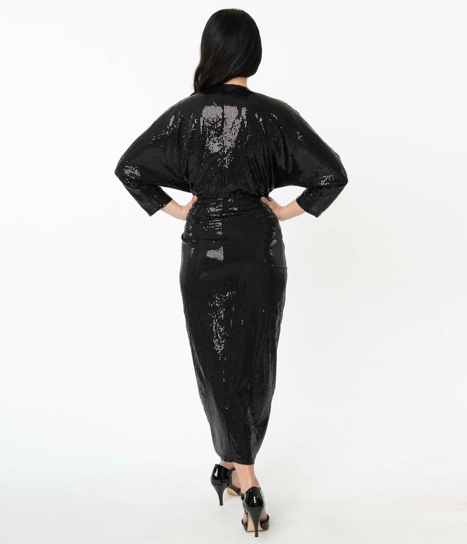 Unique Vintage Black Sequins Warhol Tulip Sheath Dress Sale