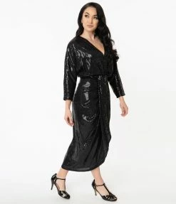 Unique Vintage Black Sequins Warhol Tulip Sheath Dress Sale