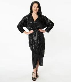 Unique Vintage Black Sequins Warhol Tulip Sheath Dress Sale