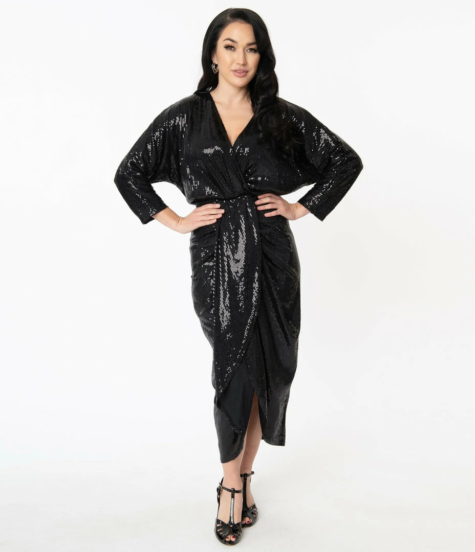 Unique Vintage Black Sequins Warhol Tulip Sheath Dress Sale