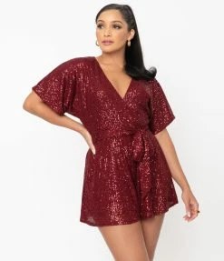 Unique Vintage Burgundy Sequins Wright Romper