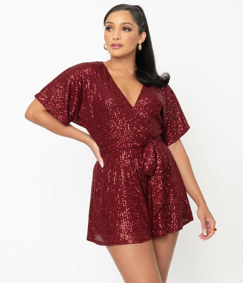 Unique Vintage Burgundy Sequins Wright Romper