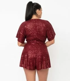 Unique Vintage Burgundy Sequins Wright Romper