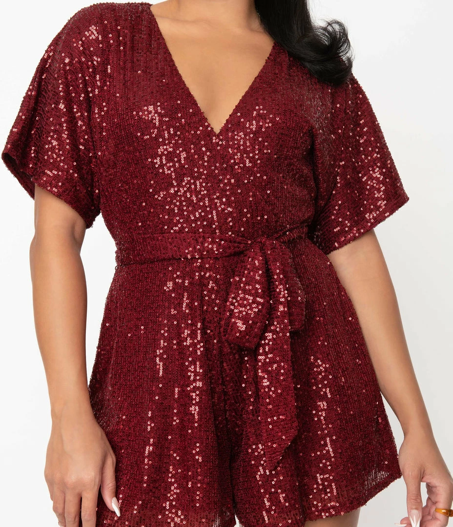Unique Vintage Burgundy Sequins Wright Romper