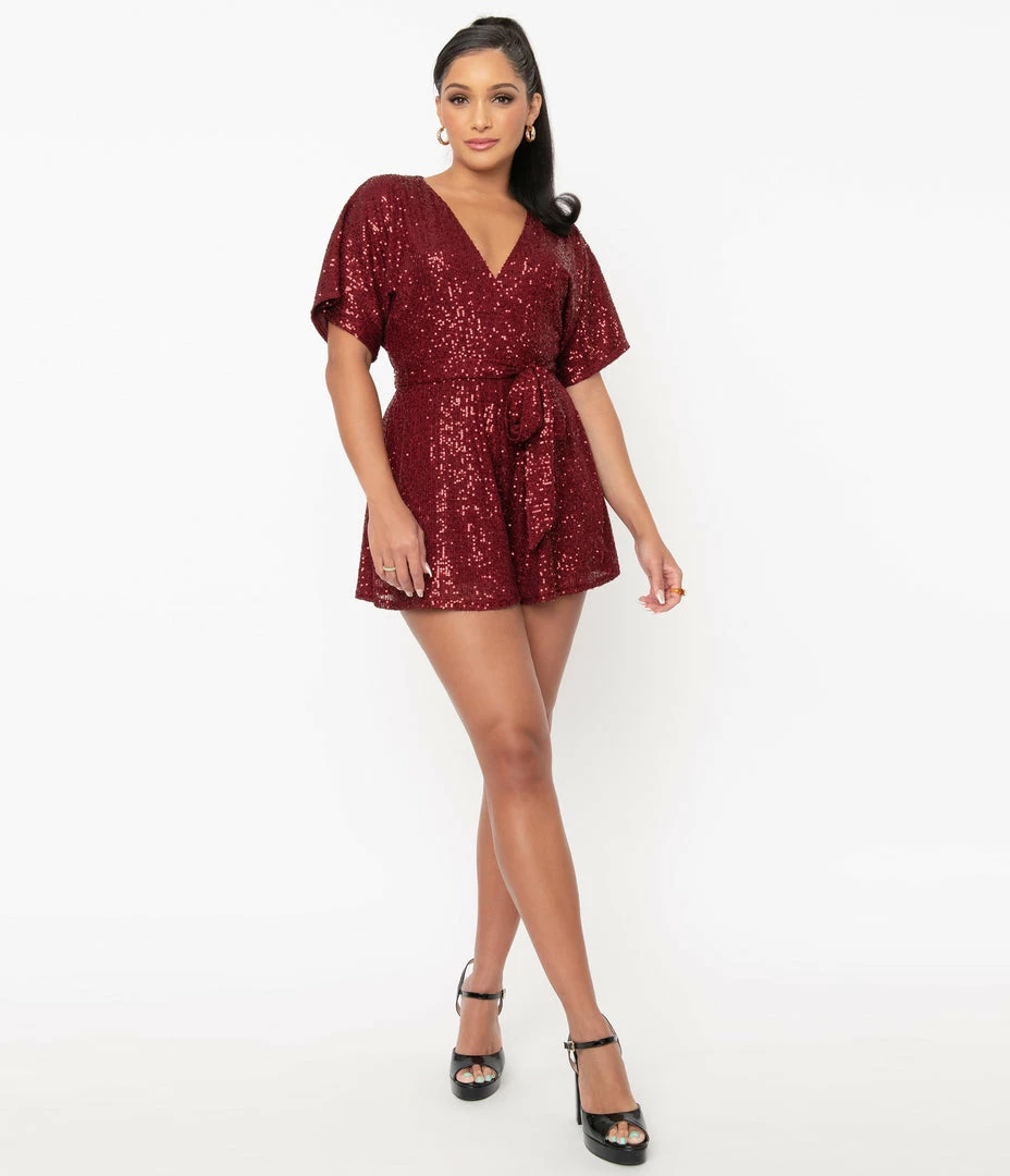 Unique Vintage Burgundy Sequins Wright Romper