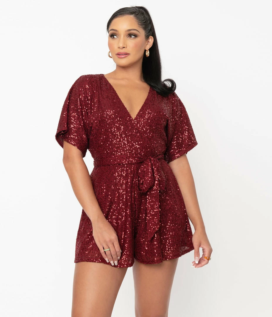 Unique Vintage Burgundy Sequins Wright Romper