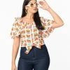 Saint Geraldine Retro Style Cream & Red Floral Print Kathleen Crop Blouse Sale