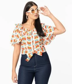 Saint Geraldine Retro Style Cream & Red Floral Print Kathleen Crop Blouse Sale