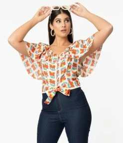 Saint Geraldine Retro Style Cream & Red Floral Print Kathleen Crop Blouse Sale