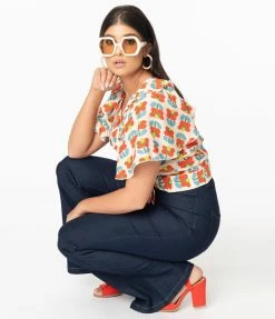 Saint Geraldine Retro Style Cream & Red Floral Print Kathleen Crop Blouse Sale