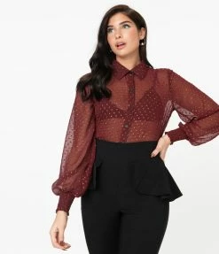 Sale Unique Vintage Burgundy & Gold Clip Dot Jolene Blouse
