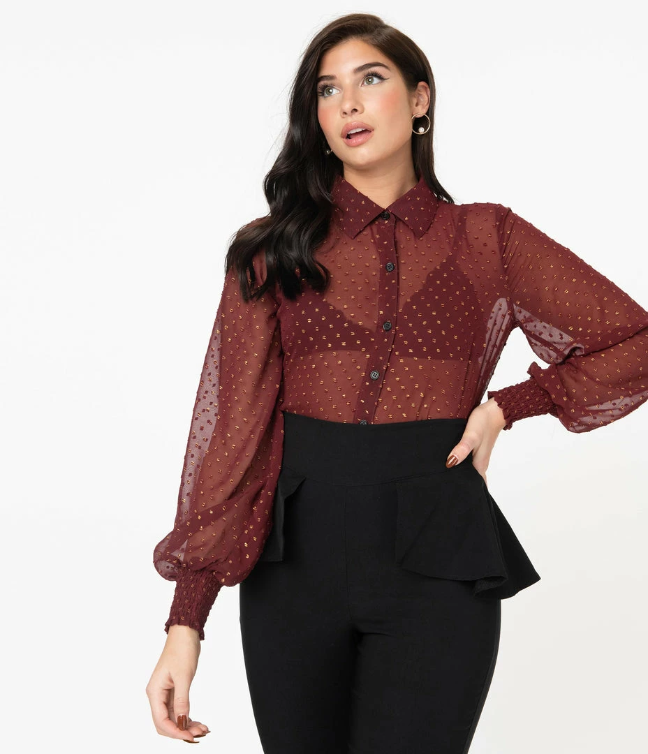 Sale Unique Vintage Burgundy & Gold Clip Dot Jolene Blouse