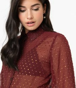 Sale Unique Vintage Burgundy & Gold Clip Dot Jolene Blouse