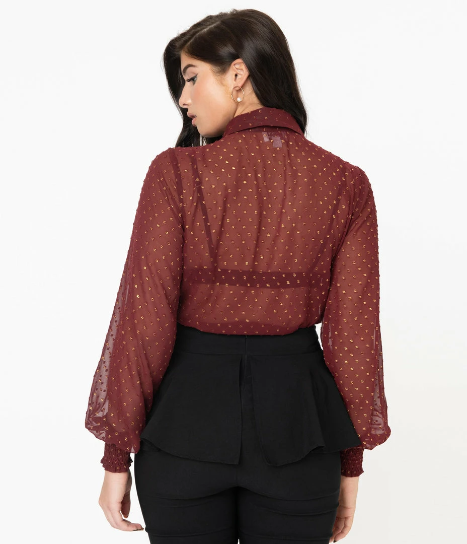 Sale Unique Vintage Burgundy & Gold Clip Dot Jolene Blouse
