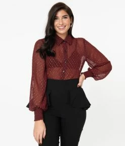 Sale Unique Vintage Burgundy & Gold Clip Dot Jolene Blouse