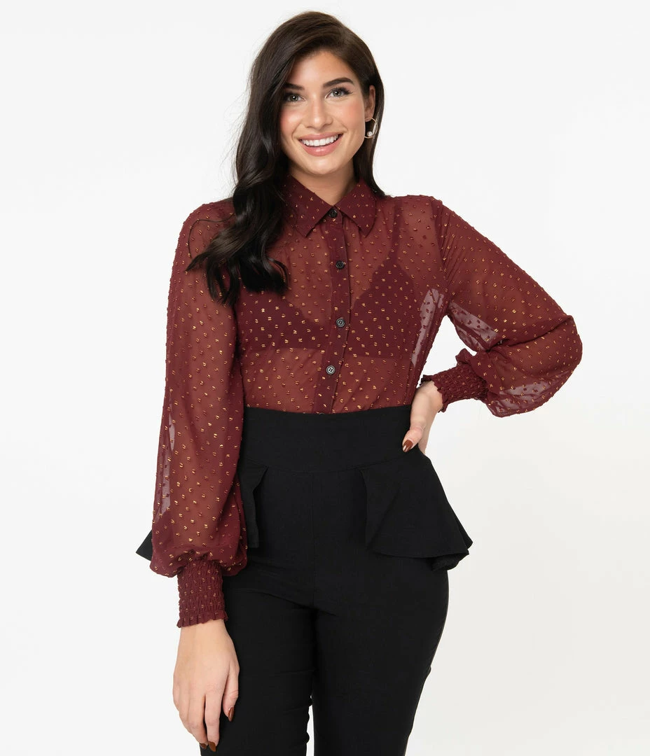 Sale Unique Vintage Burgundy & Gold Clip Dot Jolene Blouse
