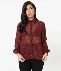 Sale Unique Vintage Burgundy & Gold Clip Dot Jolene Blouse