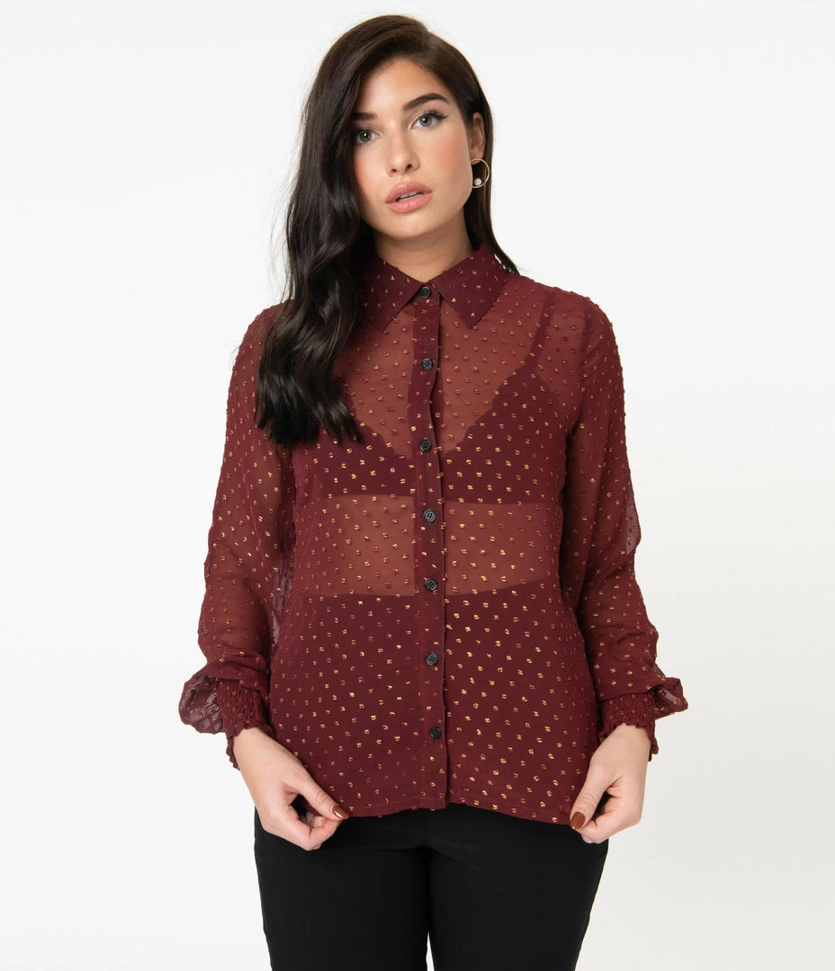 Sale Unique Vintage Burgundy & Gold Clip Dot Jolene Blouse