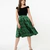 Unique Vintage Green Velvet & Black Floral High Waist Vivien Swing Skirt Sale