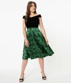 Unique Vintage Green Velvet & Black Floral High Waist Vivien Swing Skirt Sale