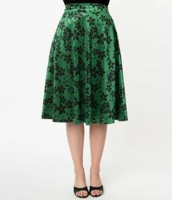 Unique Vintage Green Velvet & Black Floral High Waist Vivien Swing Skirt Sale