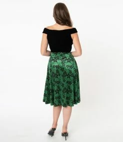 Unique Vintage Green Velvet & Black Floral High Waist Vivien Swing Skirt Sale