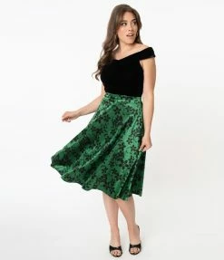 Unique Vintage Green Velvet & Black Floral High Waist Vivien Swing Skirt Sale