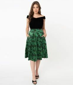 Unique Vintage Green Velvet & Black Floral High Waist Vivien Swing Skirt Sale