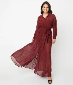 Unique Vintage Burgundy & Gold Clip Dot Blanche Maxi Shirtdress Sale