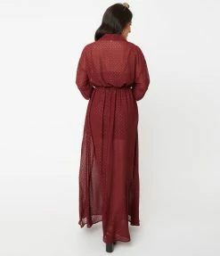 Unique Vintage Burgundy & Gold Clip Dot Blanche Maxi Shirtdress Sale