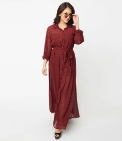 Unique Vintage Burgundy & Gold Clip Dot Blanche Maxi Shirtdress Sale