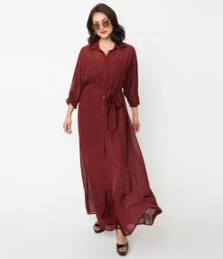 Unique Vintage Burgundy & Gold Clip Dot Blanche Maxi Shirtdress Sale