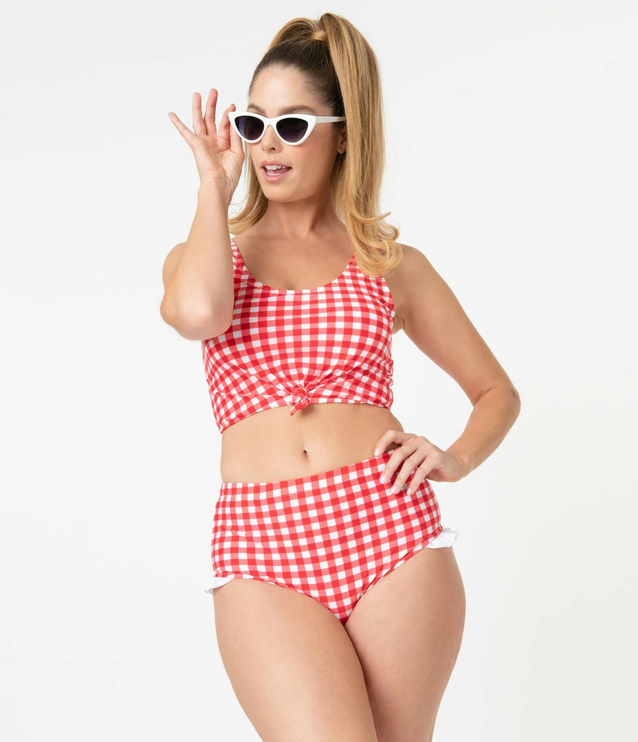 Coral Reef Swim Retro Red & White Gingham Ruffle Swim Bottom