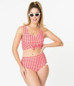 Coral Reef Swim Retro Red & White Gingham Ruffle Swim Bottom