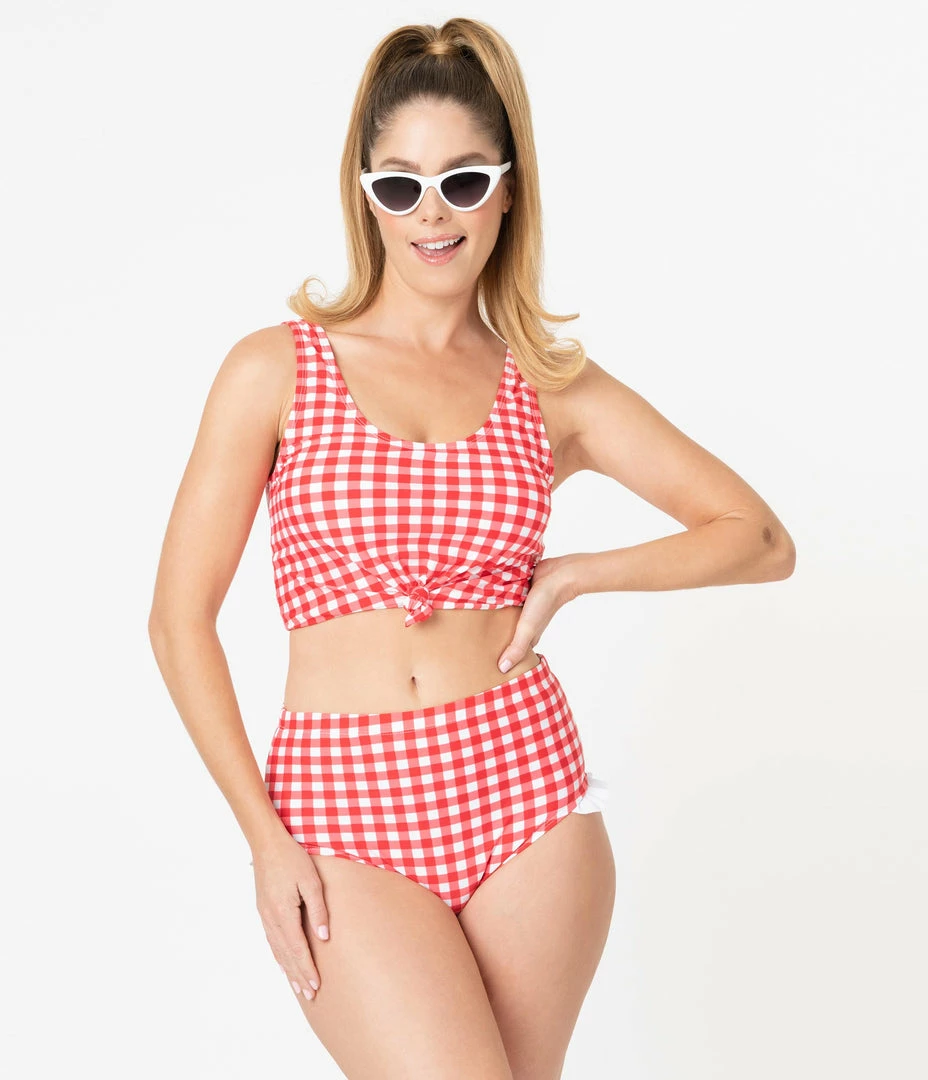 Coral Reef Swim Retro Red & White Gingham Ruffle Swim Bottom