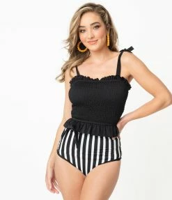 Coral Reef Swim Black & White Striped High Waisted Reversible Swim Bottoms Swimwear