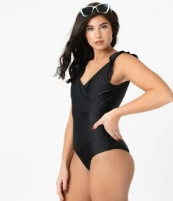 Marina West Pin-Up Style Black Ruffle One Piece Swimsuit