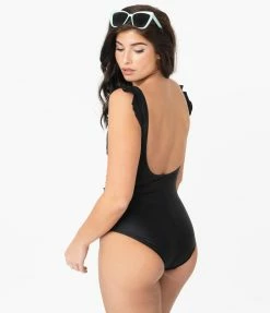 Marina West Pin-Up Style Black Ruffle One Piece Swimsuit
