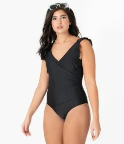 Marina West Pin-Up Style Black Ruffle One Piece Swimsuit